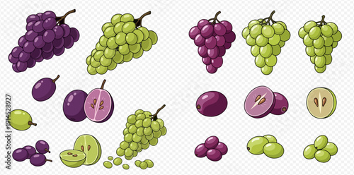 Collection of fresh purple and green grapes, whole and sliced, with seeds, isolated on a transparent background.