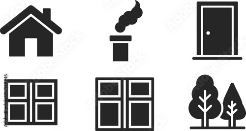 Residential house and home exterior icons set, black silhouette illustrations with cottage house, smoking chimney, closed door, windows and garden trees isolated on white background.