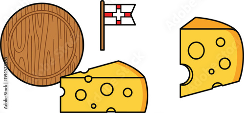 Swiss cheese and wooden board icons set, colorful vector illustrations with yellow cheese wedges with holes and round wooden serving board isolated on white background.