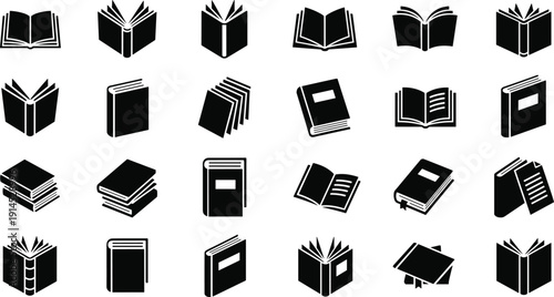 Book silhouette vector icons, education illustration set, reading design graphics, academic achievement art, publishing symbol elements, library knowledge collection
