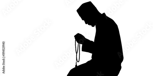 A powerful Devotional Silhouette of a Muslim man kneeling in prayer, holding a tasbih, illustrating spirituality, reflection, and faith in a high-contrast style. isolated on Transparent Background