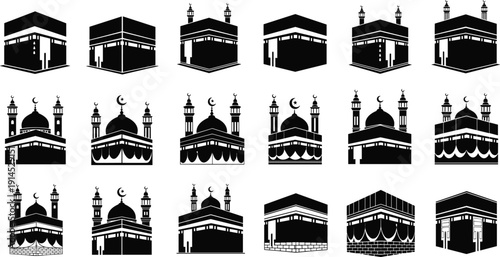 Islamic architecture vector icons, Kaaba silhouettes, mosque structures design, religious building graphics, crescent moon domes, cultural heritage illustration, sacred site art