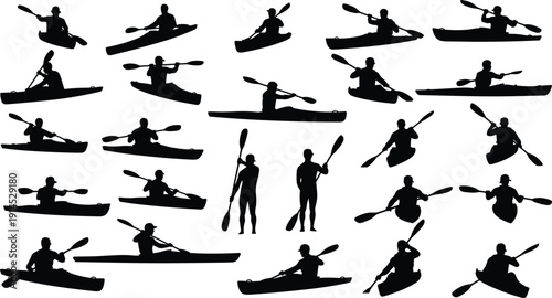 Kayak silhouette vector icons, kayaking sport illustration set, paddling design graphics, outdoor adventure art, water sports symbol, recreational activity elements