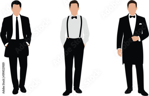 Set of Men in Formal Black Tie Attire Tuxedo Suit and Bow Tie Standing Isolated on Light Background Flat Vector Illustration