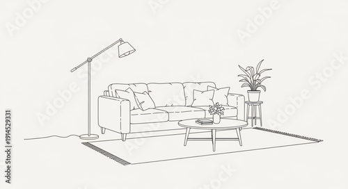 Interior design sketch of a modern living room with sofa and lamp.
