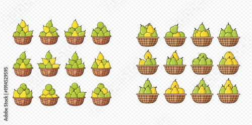 Set of cartoon baskets filled with green and yellow pears, vector illustration on transparent background.