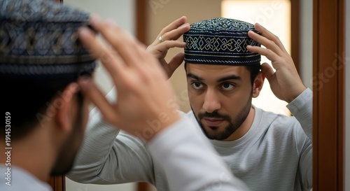 A man with a beard looks into a mirror, adjusting a traditional embroidered cap on his head indoors.