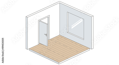 Isometric view of an empty room with a door and window.