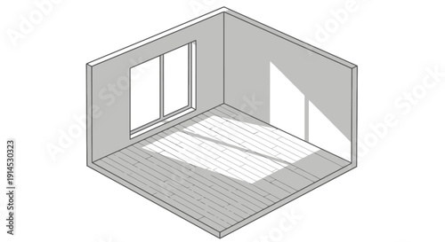 Isometric view of an empty room with sunlight casting shadows on the floor.