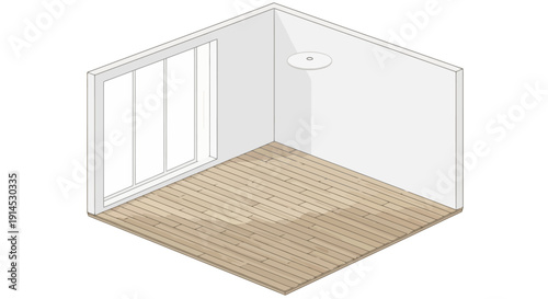 Isometric view of an empty room with wooden floor and sliding doors.