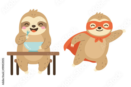 Cute Sloth Eating at Table and Flying Superhero Sloth, Funny Sloth Character with Cape and Mask, Kawaii Animal Mascot for Kids Activity Vector