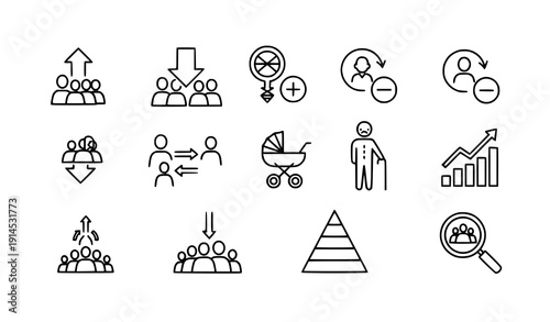 Population Growth and Decline Line Icon Set – Demographic Trend Analysis Vector Collection