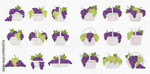 Set of pixel art baskets with purple and green grapes and leaves, harvest festival concept.