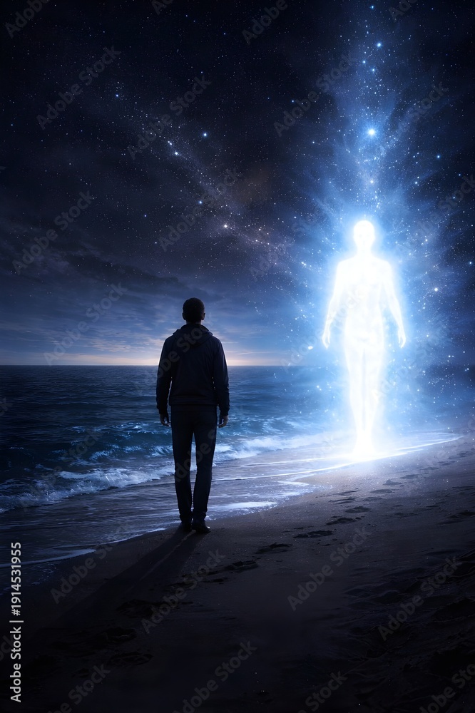 Obraz premium Mysterious Glowing Entity Appearing on a Dark Beach at Night