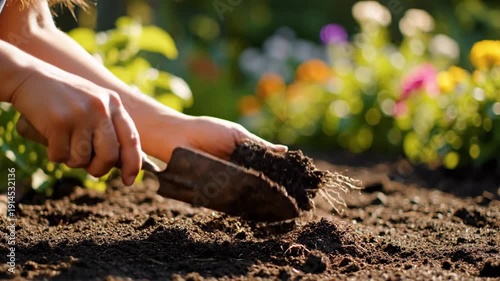 Gardening activities involving digging and soil preparation with a trowel or small shovel for cultivating plants outdoors using simple gardening techniques for beginners.