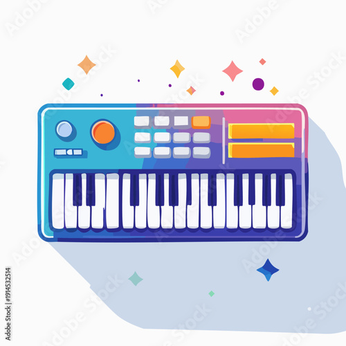 Colorful digital synthesizer keyboard music instrument illustration.