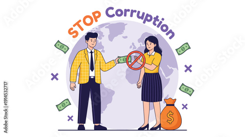 Stop Corruption Man Offering Money Woman Refuses