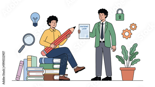 Two Men Discussing Patent Law with Books and Tools