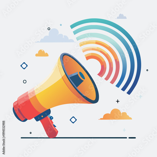 Colorful Megaphone Announcing with Rainbow Waves.