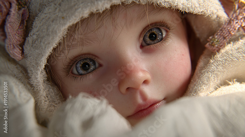 A baby with captivating blue eyes, dressed in a hooded garment, gazes tenderly at the viewer, evoking feelings of innocence and charm. 