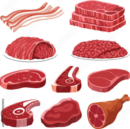 Raw Meat Cuts Vector Set  Steak, Bacon, Ground Beef, Ribs, and Ham Leg