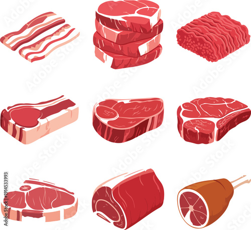 Raw Meat Cuts Vector Set  Steak, Bacon, Ground Beef, Ribs, and Ham Leg