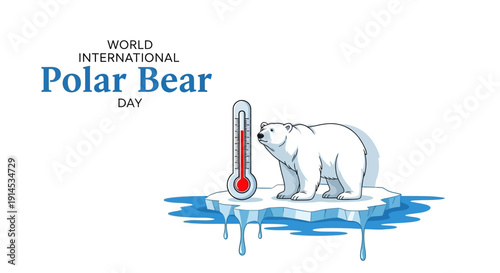 Illustration of a polar bear standing on melting ice next to a thermometer on World International Polar Bear Day, symbolizing the impact of climate change in the Arctic.