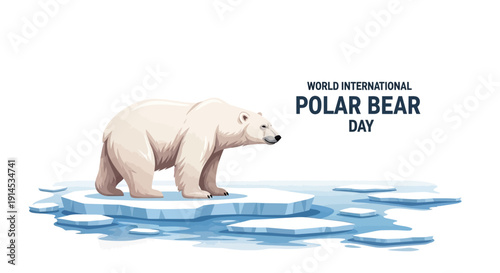 Illustration of a polar bear on melting ice for World International Polar Bear Day with a white background.