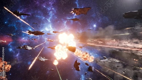 Space Battle Scene with Explosions and Laser Beams.