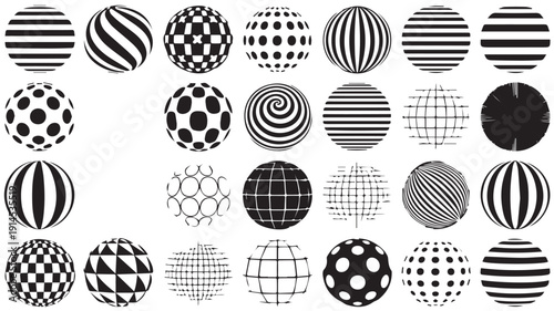 A variety of black and white spherical graphics with unique patterns and textures