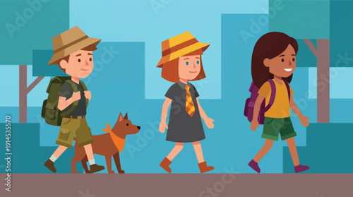 Children and Dog Hiking on Path in Stylized Forest