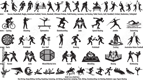 Comprehensive sports silhouettes collection, athletic activities and competitive games icons isolated for fitness design