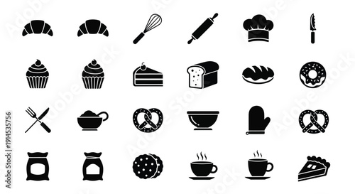 A collection of 24 black and white icons representing various baking and pastry-making tools and treats, including croissants, cupcakes, cakes, bread, donuts, and kitchen utensils.