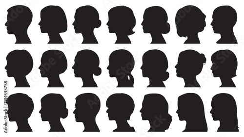 A diverse collection of black and white profile silhouette illustrations, showcasing a variety of hairstyles and facial features for creative projects