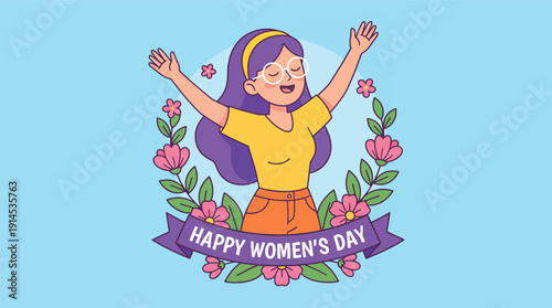 Happy Womens Day Illustration with Woman and Flowers