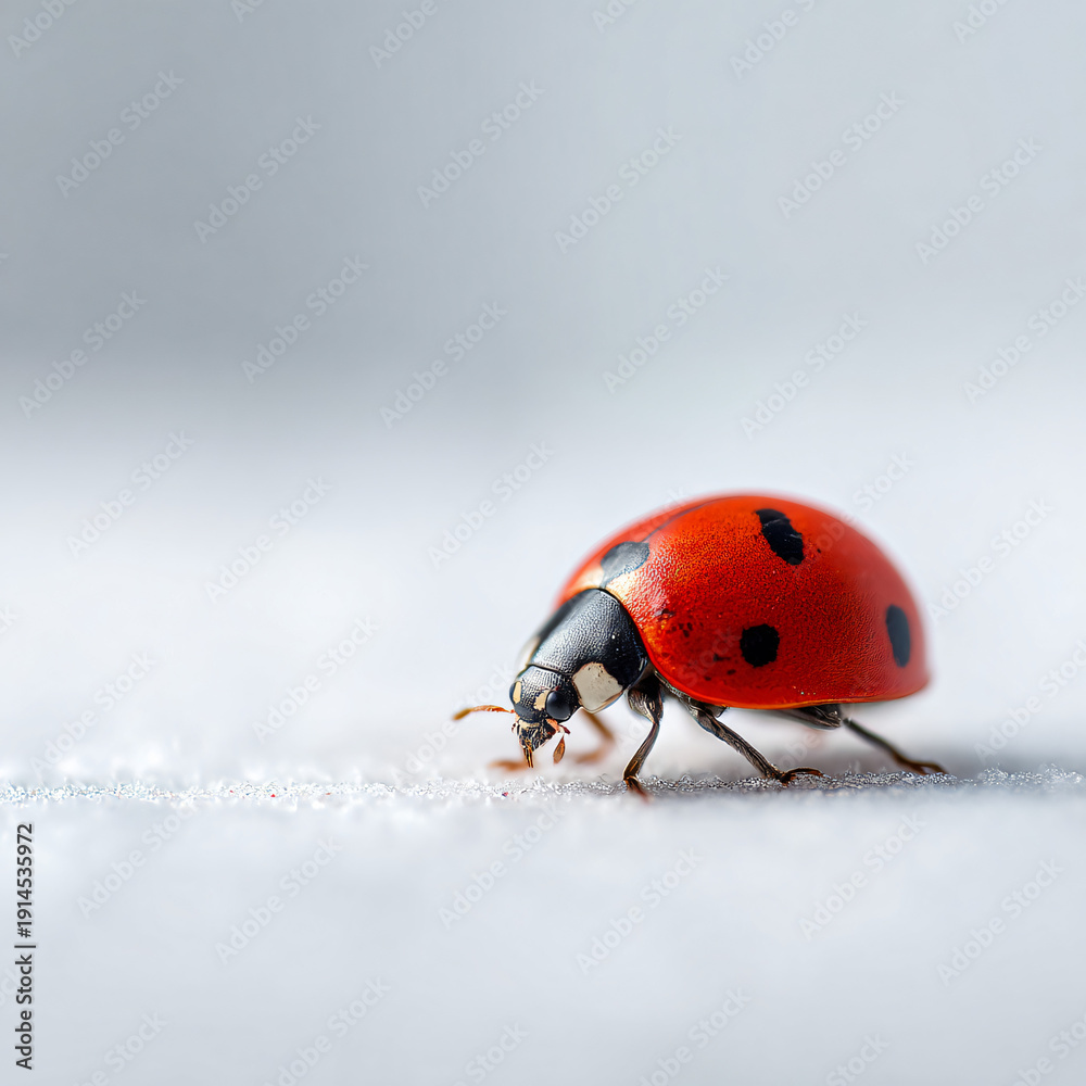Obraz premium Close-up macro of a vibrant red ladybug walking on a smooth white surface