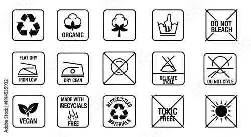A collection of 15 square icons representing various care, material, and environmental symbols, including recycling, organic, vegan, and washing instructions.