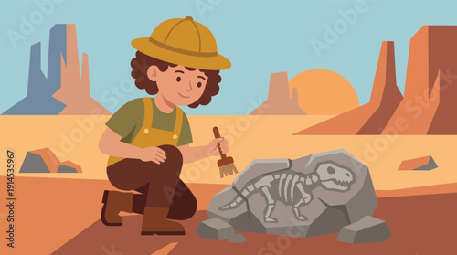 Young Explorer Unearthing Dinosaur Skeleton in Desert Landscape