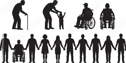 Inclusive family and disability silhouettes, elderly parent child wheelchair users holding hands unity support concept