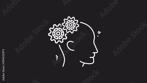 Cognition white line icon animation. Cognition line icon featuring a head with a clock and gear inside, suitable for technology or time management concepts. Animated outline icon