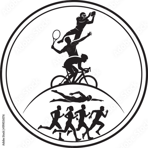 Multi sport athlete silhouettes emblem, cycling swimming running tennis and football figures in circular badge design