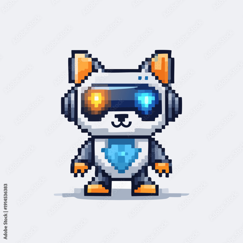 Fototapeta premium Cute robotic cat character in 8-bit pixel art style.