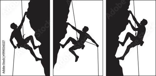 Rock climbing silhouette set, mountaineer rappelling on cliff wall extreme adventure sport isolated background