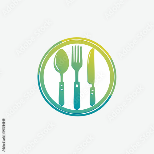 Cutlery set in a vibrant gradient circle, representing dining and food service.