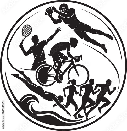 Sports activity silhouette collection, football tennis cycling swimming running athletes in circular emblem design