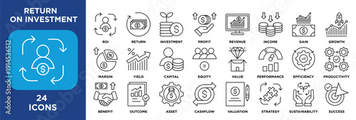 return on investment icon set featuring ROI, return, investment, income, growth, margin, yield, capital, value and performance. vector outline
