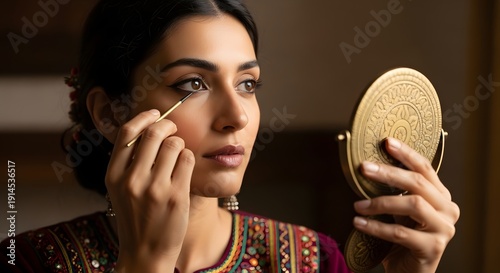 A beautiful South Asian woman meticulously applies traditional kohl eyeliner while holding an ornate brass mirror, focusing intently on her reflection.