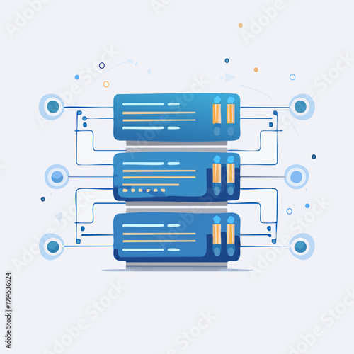 Data server rack with network connections and nodes.