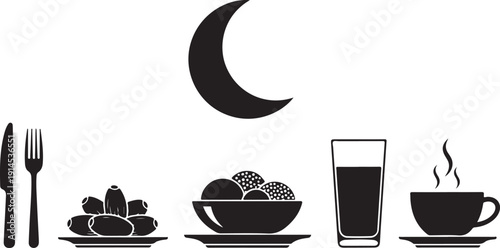 Ramadan food and symbols crescent moon dates fruit drink glass cup tea with cutlery for iftar islamic celebration