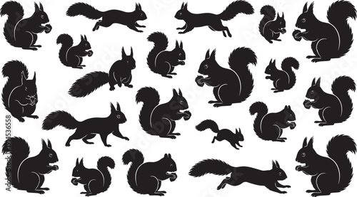 Squirrel silhouettes collection, playful forest animals holding nuts isolated for wildlife pattern and nature design